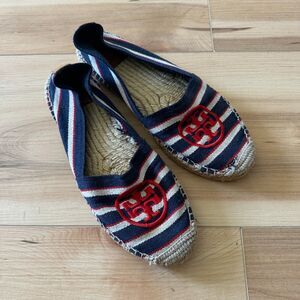Tory‎ Burch Womens Blue White Stripe Canvas Espadrille Flats Red Logo Size 9